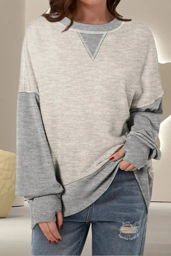 Contrast Round Neck Long Sleeve Sweatshirt Light Gray Woman Sweatshirts