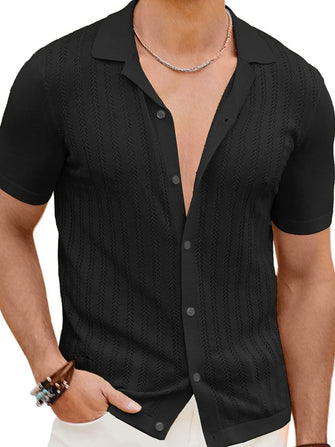 Men's Full Size Openwork Button Down Short Sleeve Shirt Plus Size Black