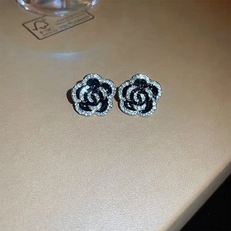 Copper Rhinestone Flower Earrings Black One Size