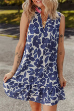 Floral Sleeveless Color Block Notched V Neck Mini Dress Dusty Blue Casual Dresses