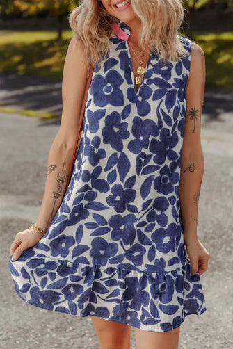 Floral Sleeveless Color Block Notched V Neck Mini Dress Dusty Blue Casual Dresses