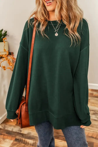 Round Neck Drop Shoulder Slit Sweatshirt Dark Green Woman Sweatshirts