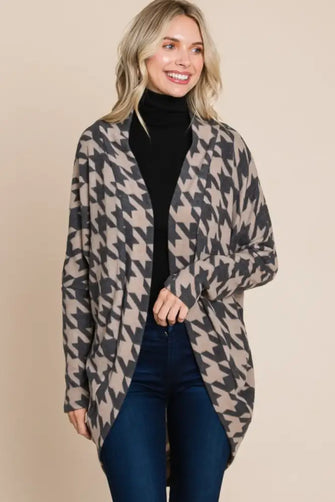 BOMBOM Houndstooth Open Front Cocoon Knit Cardigan Houndstooth Woman Outerwear