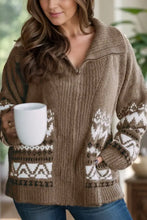 Zip Up Long Sleeve Geometric Cardigan Taupe Woman Outerwear