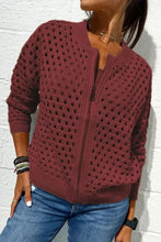 Full Size Openwork Zip Up Long Sleeve Cardigan Plus Size Burgundy Cardigans