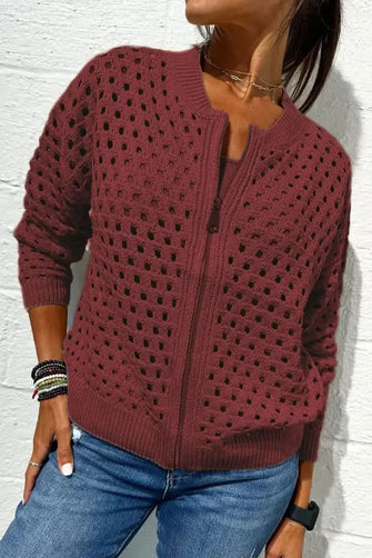 Full Size Openwork Zip Up Long Sleeve Cardigan Plus Size Burgundy Cardigans