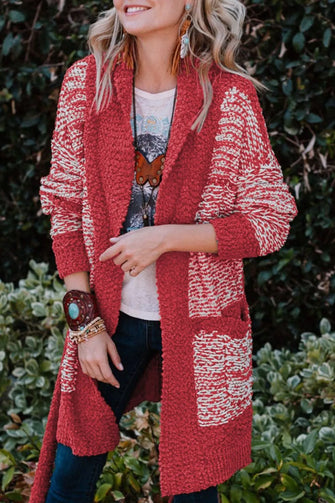 Contrast Trim Open Front Longline Cardigan Deep Red