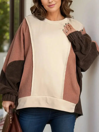 Plus Size Color Block Long Sleeve Hoodie Tan Woman Sweatshirts