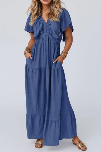 Ruffled V-Neck Short Sleeve Maxi Dress Dusty Blue Woman Maxi Dress