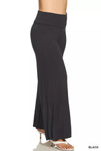 Black Zenana full size fold over waist comfy wide leg pants in soft stretchy fabric with subtle side slits