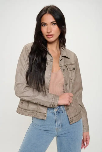 Coalition LA Button Down Cargo Vegan Leather Shacket Khaki Woman Outerwear
