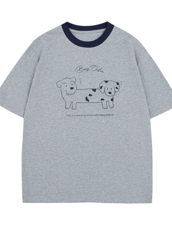 Men's Cute Cartoon Dogs Graphic Round Neck T-Shirt Gray