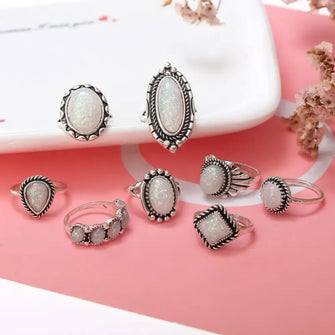 Opal Alloy Geometric Ring 8-Piece Set Silver One Size Fashion Jewelry