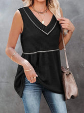 V-Neck Contrast Trim Waffle Knit Tank Top Black