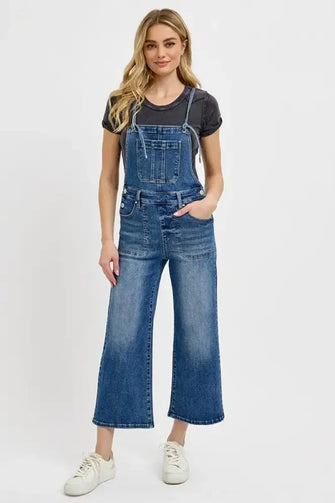RISEN Full Size Knotted Strap Denim Overalls with Pockets Plus Size Dark Denim Overalls