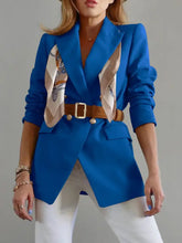 Buttoned Lapel Collar Long Sleeve Blazer Light Indigo Woman Outerwear