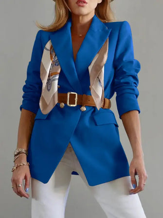 Buttoned Lapel Collar Long Sleeve Blazer Light Indigo Woman Outerwear