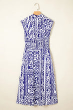 Shirred Waist V Neck Sleeveless Floral Print Midi Dress