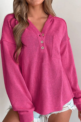 Exposed Seam Detail Henley Knit Hoodie Hot Pink