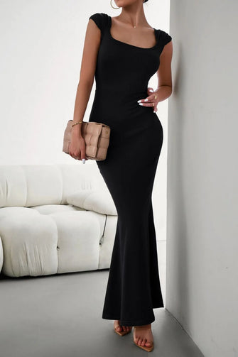 Devine Cap Sleeve Scoop Neck Maxi Dress Black Woman Maxi Dress