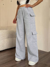 Gray heathered casual drawstring loose fit pants with wide legs and large cargo pockets for comfortable wear