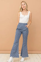 Blue and white checkered high waist bell pants made of denim with a frayed hem from And The Why Checkerboard collection