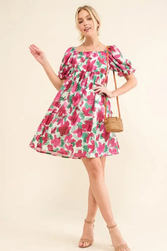And The Why Smocked Floral Ruffle Short Sleeve Mini Dress Fuchsia Casual Dresses
