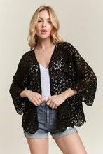 Black sequined kimono jacket with bell sleeves and Adora leaf pattern crochet design