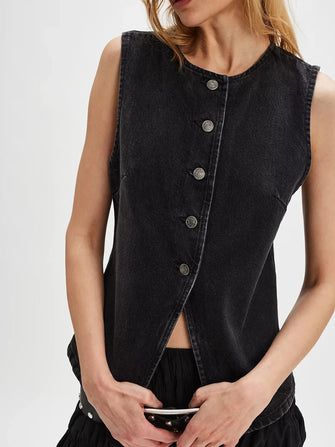 Button Down Round Neck Denim Vest Black