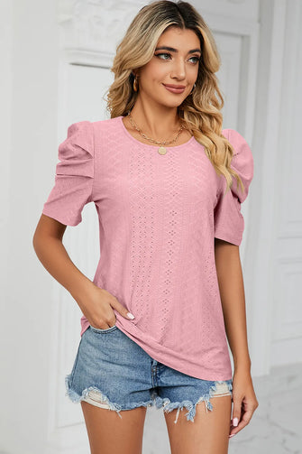 Eyelet Round Neck Puff Sleeve T-Shirt Blush Pink