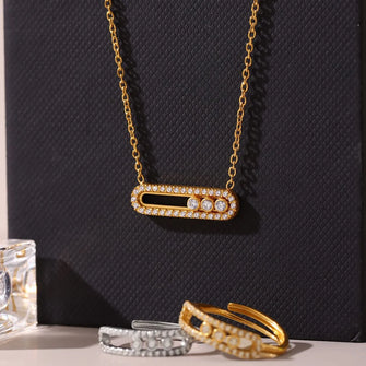 Moving Crystal Bar Necklace and Ring Jewelry Set Gold One Size