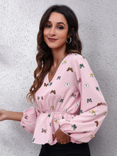 Butterfly V-Neck Balloon Sleeve Peplum Blouse Woman Blouses