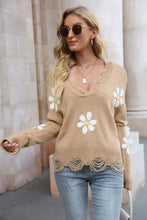 Flower Distressed Ribbed Trim Sweater Sweater Pullovers