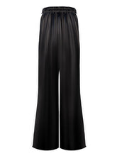 Black satin striped wide-leg pants with high-waisted elastic waistband and subtle white side stripes, tumble dry safe
