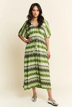 Davi & Dani Multi Color Wavy Tie Waist Flowy Sleeve Dress Sage Multi
