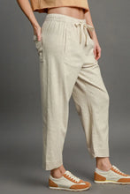Beige umgee full size linen blend joggers with drawstring elastic waistband and side pockets machine wash cold
