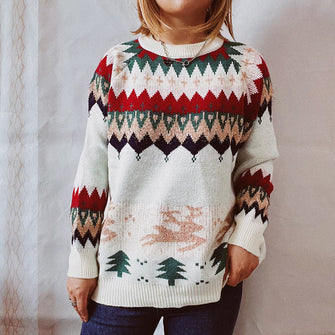 Fair Isle Christmas Sweater Long Sleeve Pullover for Women Cream