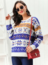 Fair Isle Patterned Knit Sweater Long Sleeve Pullover for Women White