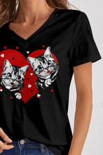 Black FAM-FAM short sleeve V-neck T-shirt with tabby cats in red hearts