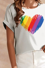 White FAM-FAM heart round neck short sleeve t-shirt with rainbow heart graphic