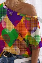 Colorful FAM-FAM heart single shoulder short sleeve T-shirt with grid pattern