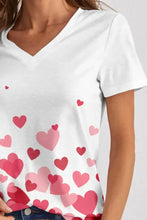White FAM-FAM Heart V-Neck Short Sleeve T-Shirt with pink red hearts