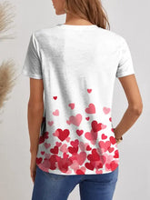 Women’s white short sleeve V-neck T-shirt with red pink heart print