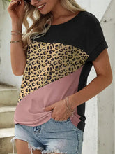 FAM-FAM leopard round neck short sleeve T-shirt with pink color block