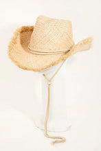 Light beige distressed straw Fame adjustable strap raw hem weave hat