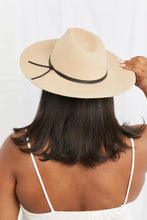 Light tan Fame Make It Work fedora hat with black faux leather band