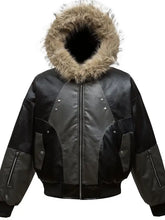 Black faux fur hooded contrast bomber jacket for men