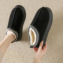 Black suede faux fur lined platform slippers with sherpa stitching