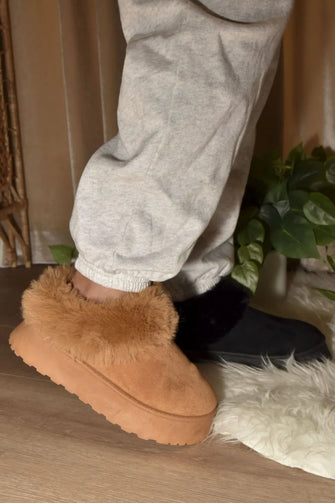 Faux Fur Platform Sole Slipper Booties for Women Camel