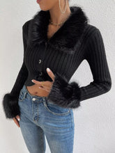 Black faux fur trim ribbed knit cropped cardigan back view